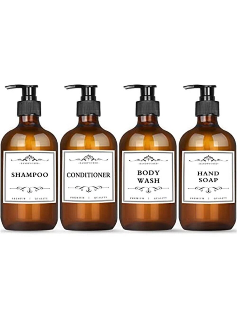 4 Pack 16.9 Oz Refillable Pump bottles with Waterproof Labels (Amber)